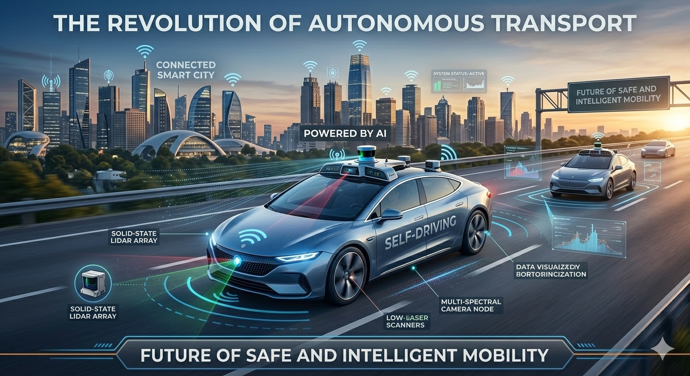 Autonomous and self-driving vehicle technology, AI mobility, smart sensors, and innovations transforming the future of road transport.