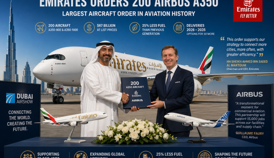 Emirates Orders 200 Airbus A350s in $67 Billion Record Deal