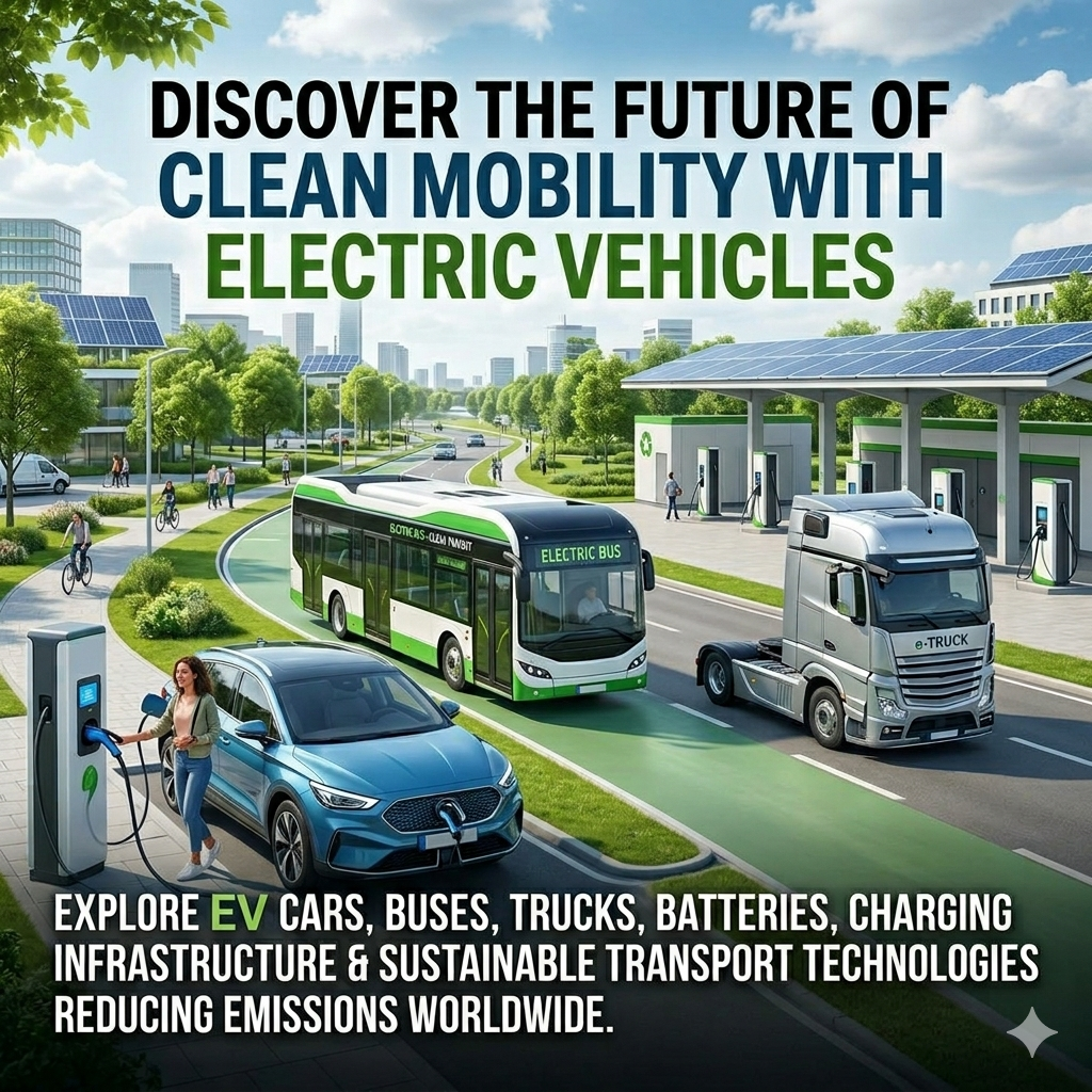 Discover the future of clean mobility with electric vehicles. Explore EV cars, buses, trucks, batteries, charging infrastructure, and sustainable transport technologies reducing emissions worldwide.