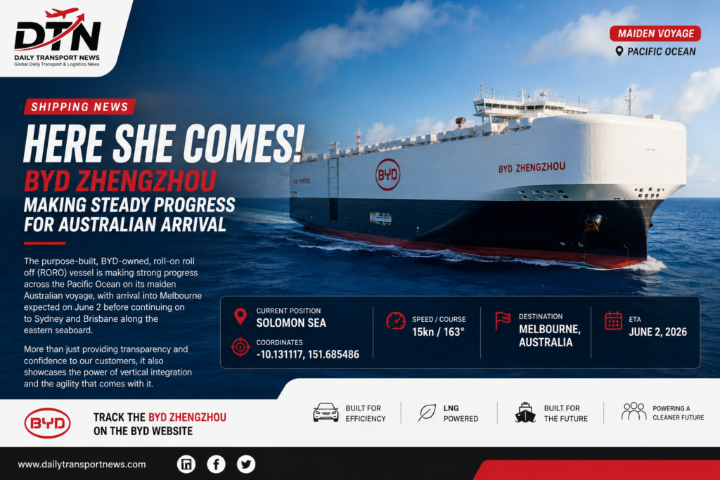 BYD ZHENGZHOU RORO vessel sailing across the Pacific Ocean toward Australia during maiden voyage