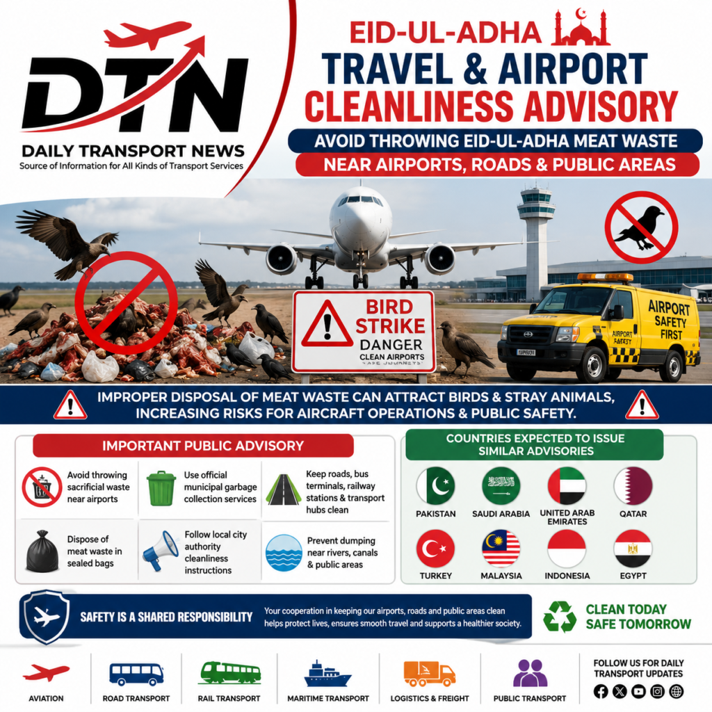 Eid-ul-Adha airport cleanliness advisory poster showing a commercial airplane, bird strike warning signs, airport safety vehicle, and public awareness message about avoiding disposal of sacrificial meat waste near airports, roads, and transport areas by Daily Transport News.