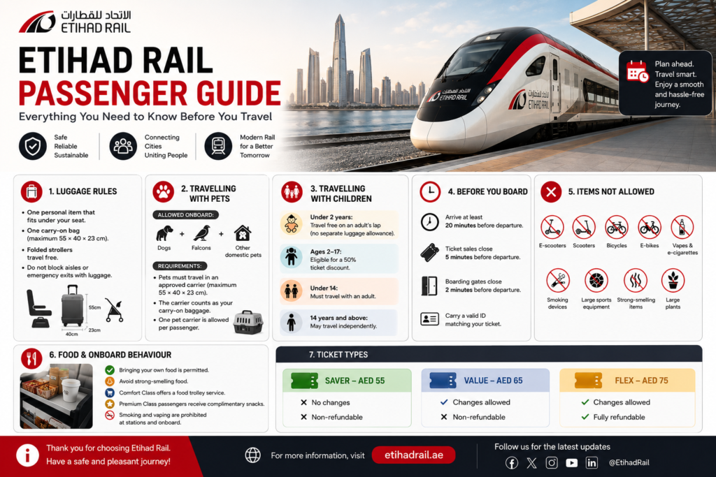 Etihad Rail Passenger Guide showing luggage rules, pet policy, boarding information, ticket types, and travel guidelines for passengers travelling across the UAE.