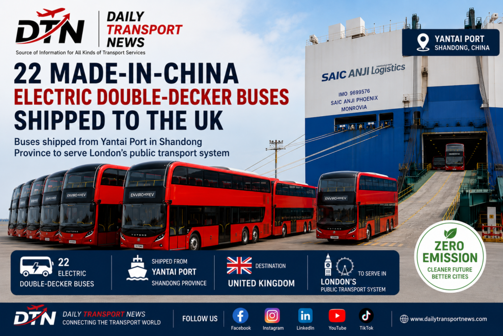 Twenty-two Made-in-China electric double-decker buses being shipped from Yantai Port in Shandong Province to the United Kingdom for London's public transport network.