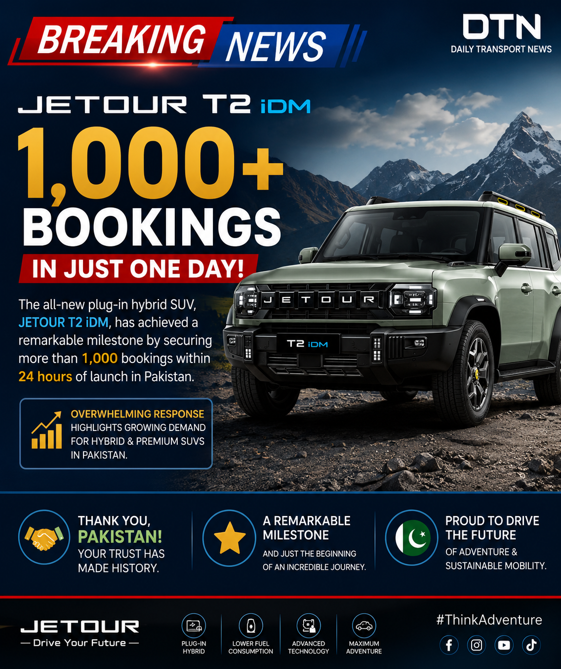 JETOUR T2 iDM Crosses 1,000+ Bookings in Just One Day in Pakistan