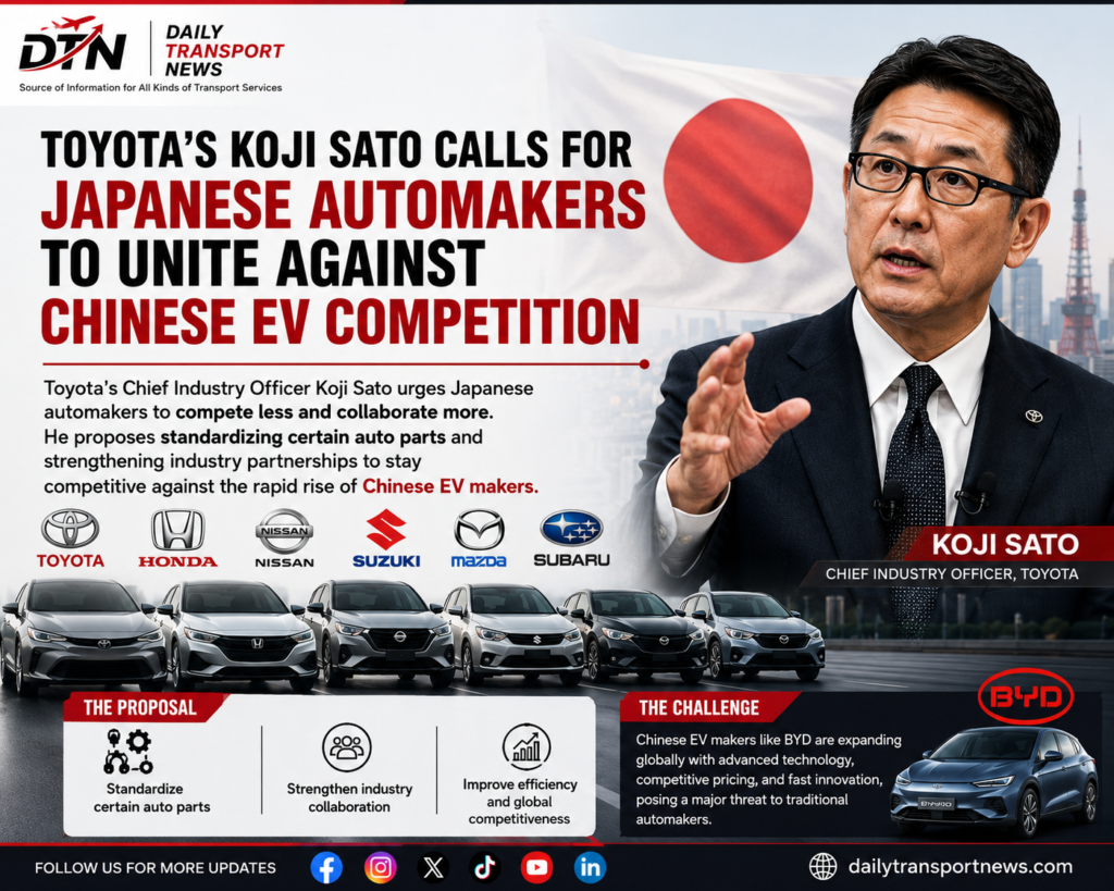 Toyota Chief Industry Officer Koji Sato urges Japanese automakers to collaborate to compete against Chinese electric vehicle manufacturers.