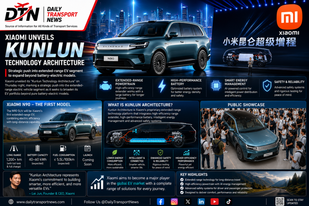 Xiaomi unveils Kunlun Technology Architecture for next-generation extended-range electric vehicles featuring the Xiaomi N90 SUV.