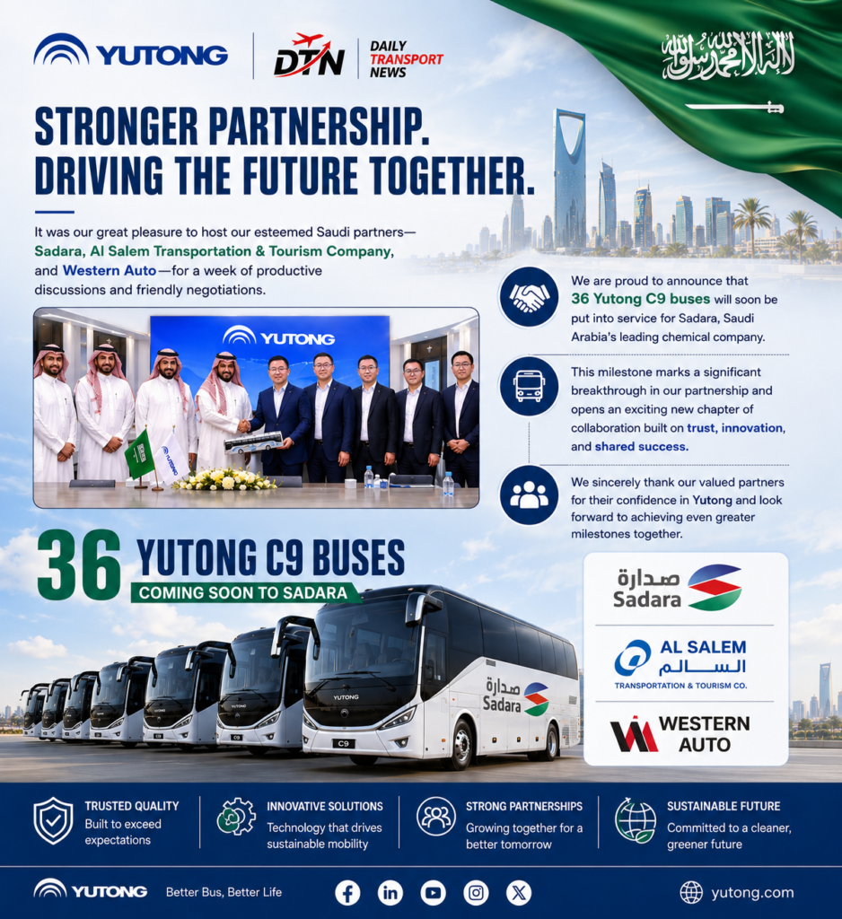 Yutong executives and Saudi partners celebrate the delivery of 36 Yutong C9 buses for Sadara in Saudi Arabia.