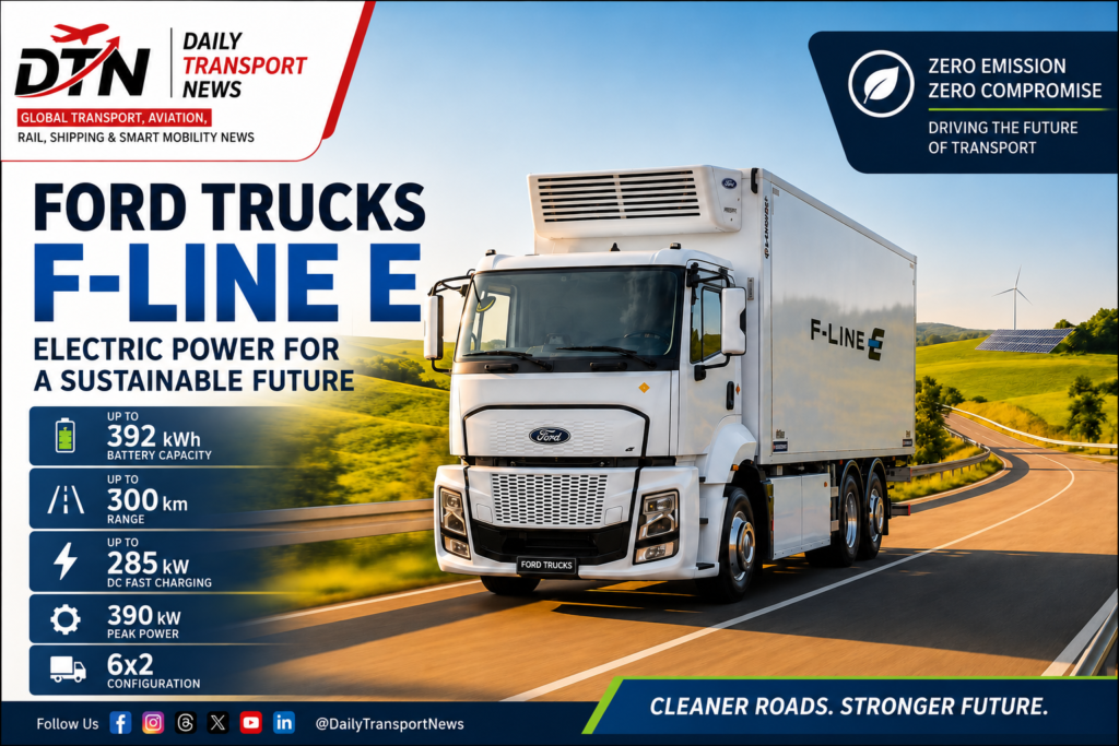 Ford Trucks F-LINE E electric truck driving on a highway