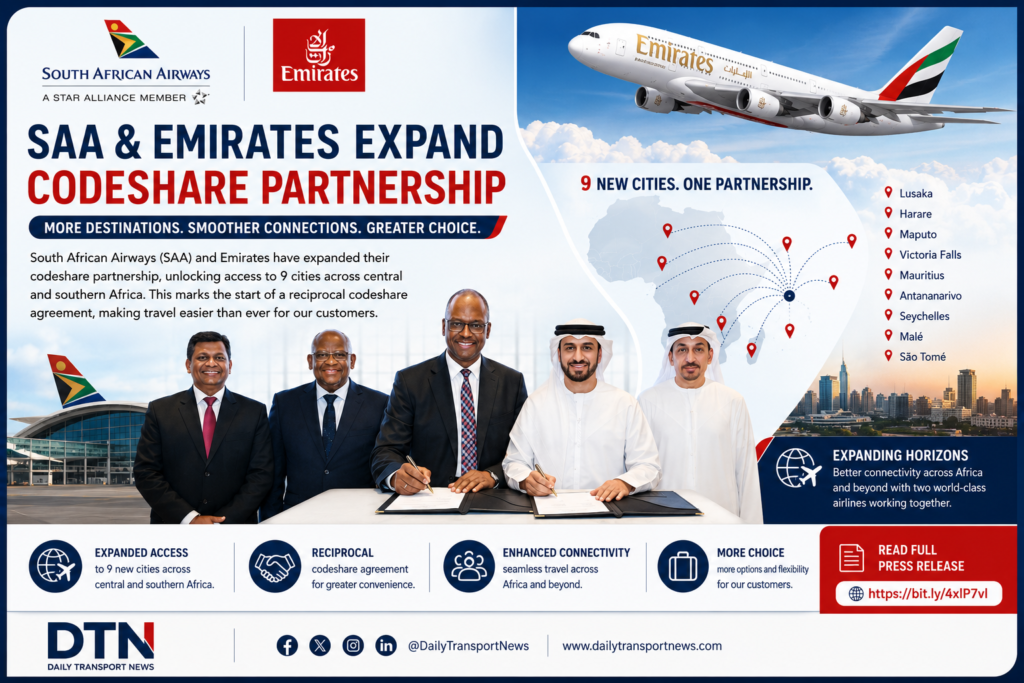 South African Airways and Emirates executives sign an expanded codeshare partnership agreement.