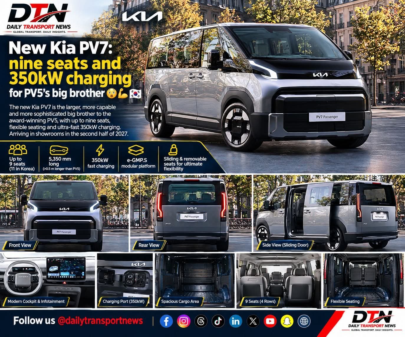 Kia PV7 electric van with nine-seat passenger configuration and 350kW fast charging